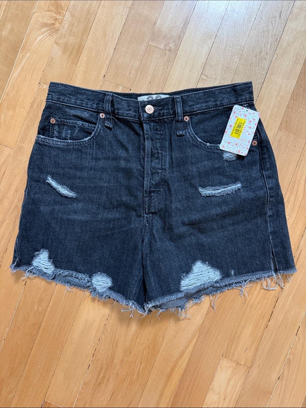 Free People Black High-Waist Distressed Denim Women’s Jean Shorts 28
